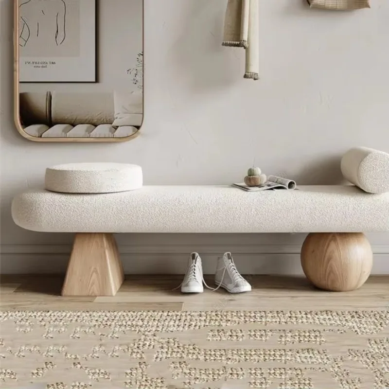 Modern INS Design White Cream Nordic Wood Teddy Boucle Fabric Bench Home Furniture for Leisure in Living Room or Bedroom