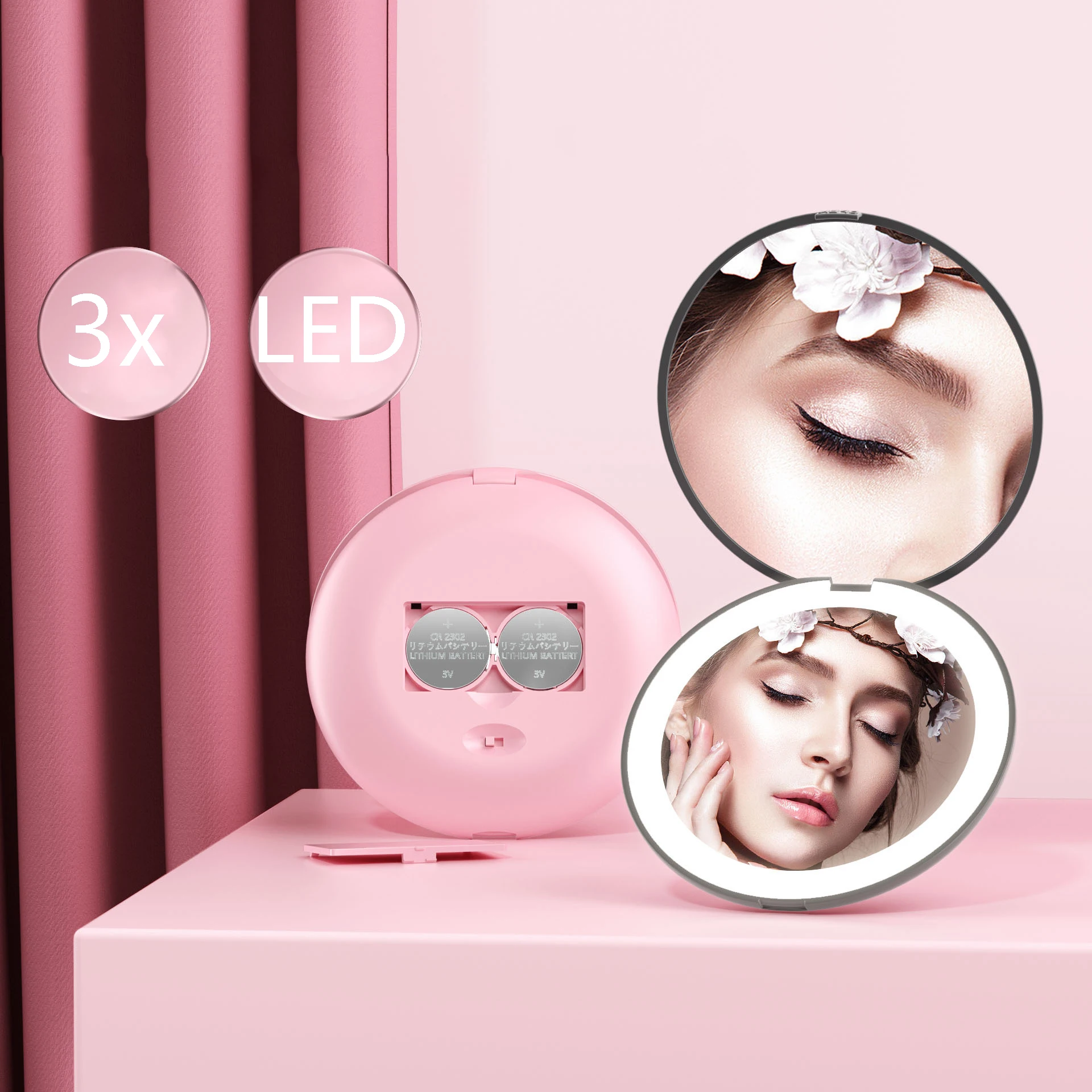 

Зеркало для макияжа с подсветкой, компактное портативное складное косметическое зеркало с 3-кратным увеличением и аккумулятором