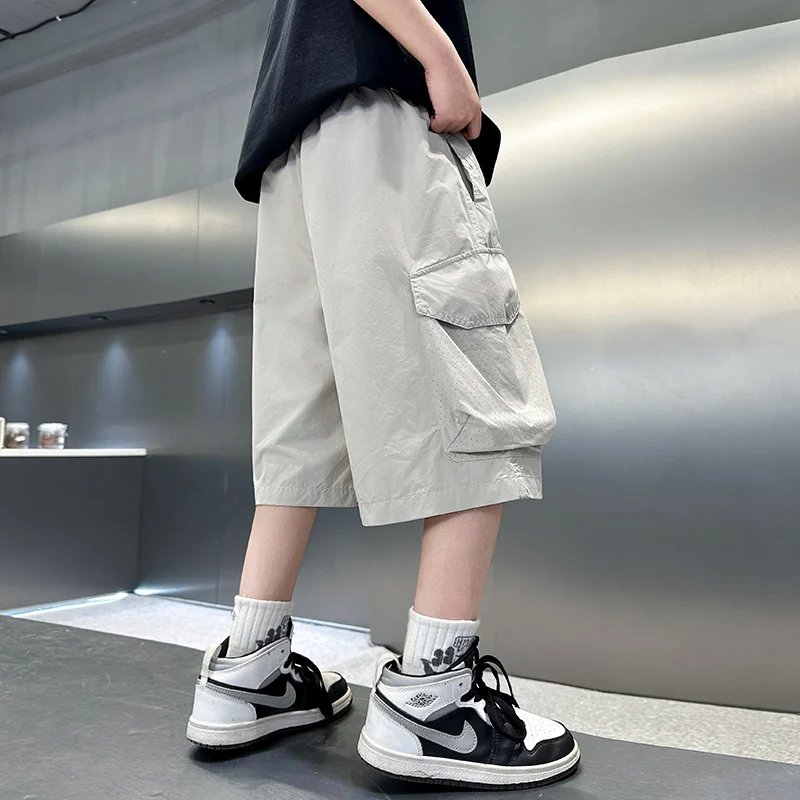 Kids Child New Design Summer Cargo Shorts With Pocket for Teen Boys Casual Khaki Purple Cotton Knee Length Short Pants Age 5-14Y
