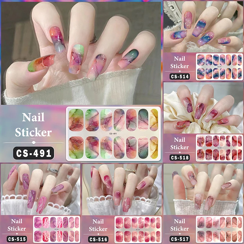 Nail Wraps No Baking Lamp Waterproof Full Cover Nail Stickers Firm And Not Easy To Fall Off 14 Nails Set Multi Color Nail Patch
