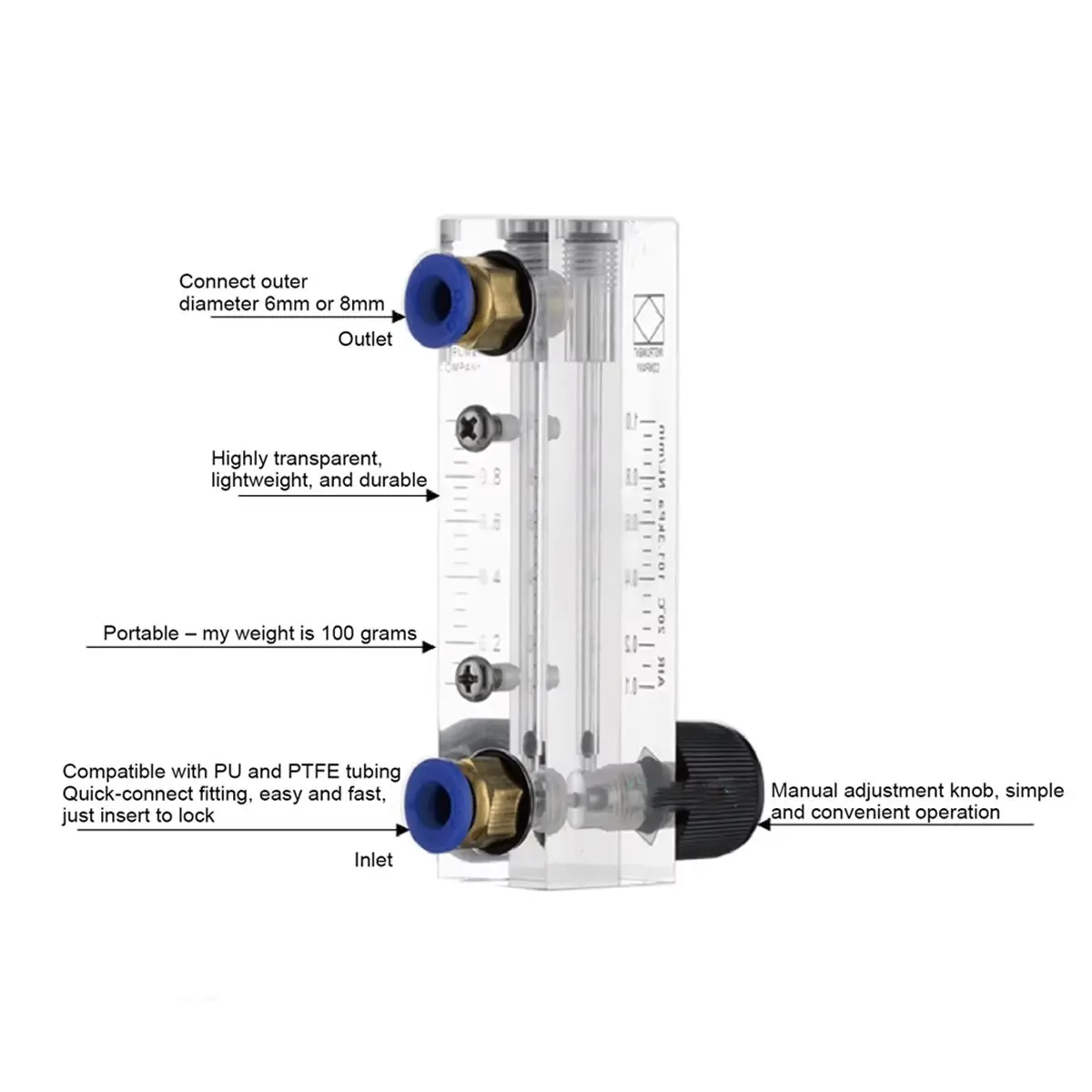 Y1201A J~New -4T Acrylic Meter 0.05-0.5LPM 6mm Adjustable Panel Mount Gas Rotameter Variable Area Air Controller