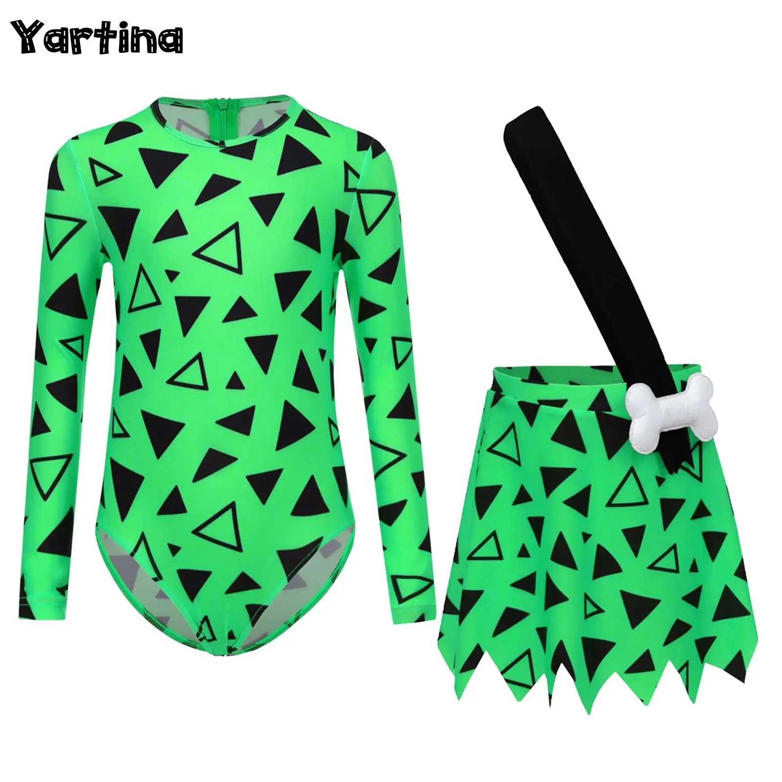 

Girls Cavegirls Halloween Cave Princess Cosplay Costume Triangle Jumpsuit 3D Bone with Jagged Hem Skirt Ballet Tutu Dress
