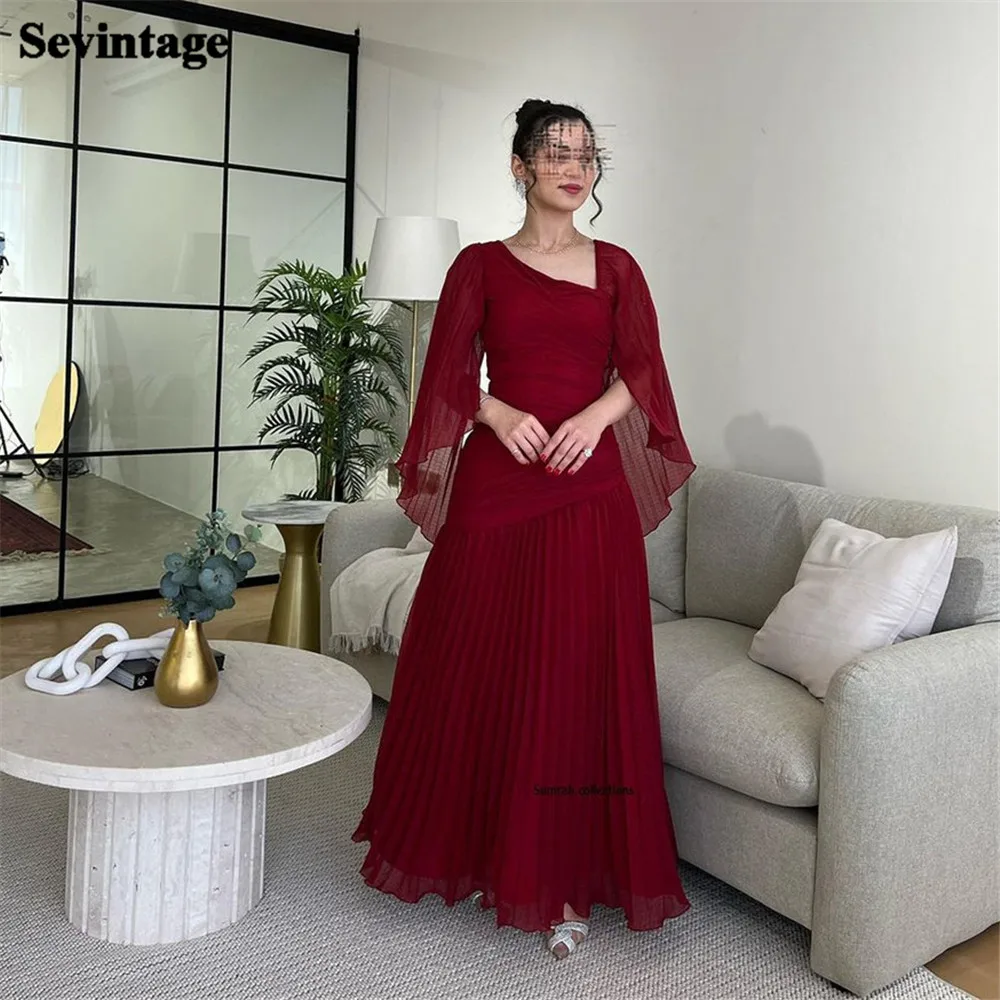 

Sevintage Burgundy Saudi Arabic Chiffon Evening Dresses Cape Sleeves Pleat Ruched Prom Gowns Formal Special Occasion Party Dress