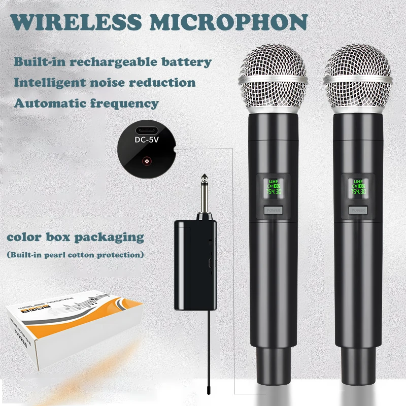 

Wireless Dual Handheld Dynamic Microphone Karaoke Microphone with Rechargeable Receiver for Wedding Party Speech Church Club