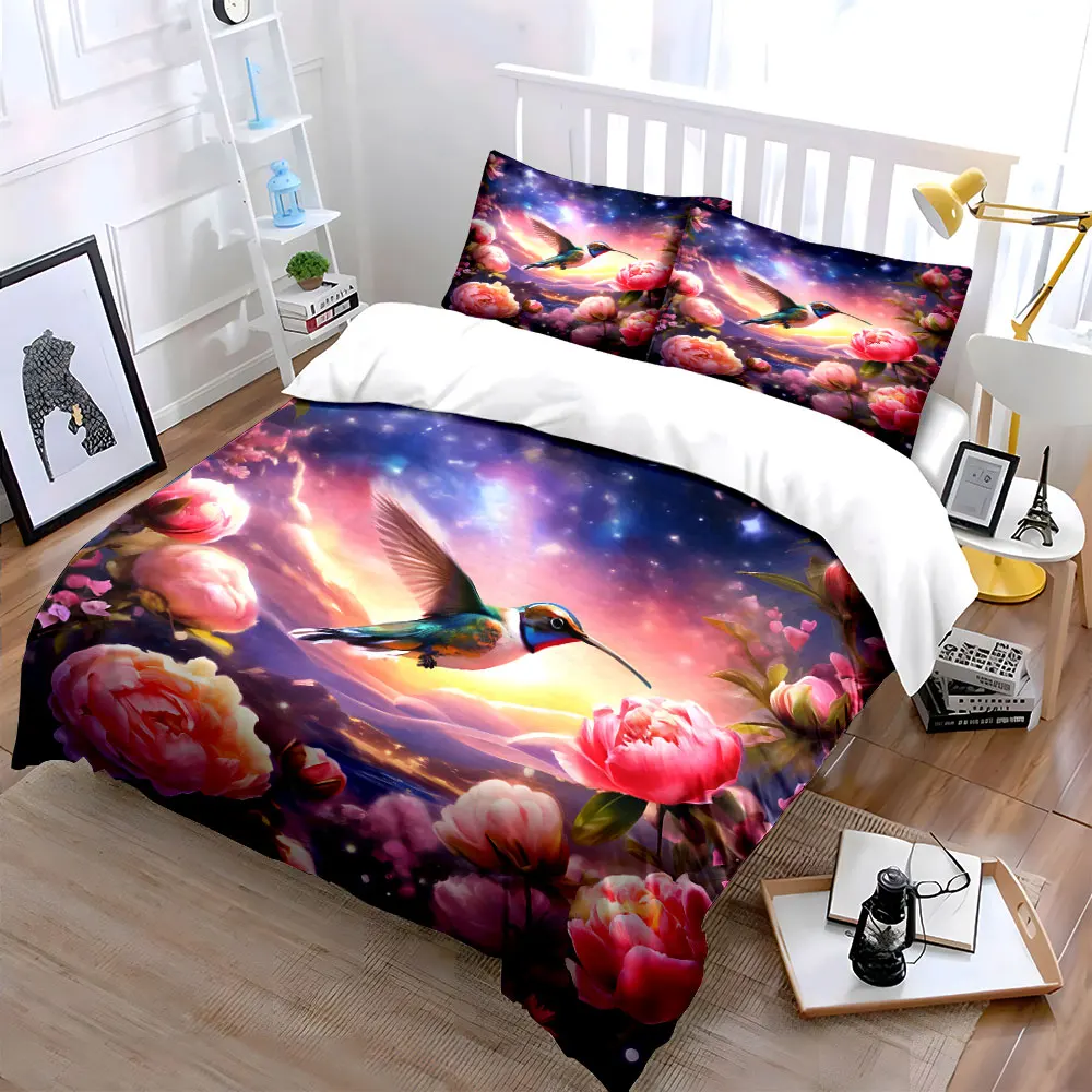 Rainbow Hummingbird and Pink Flowers Print Bedding Set 1 Duvet Cover 2 Pillowcases for Adult and Children Luxury Gift Full Size