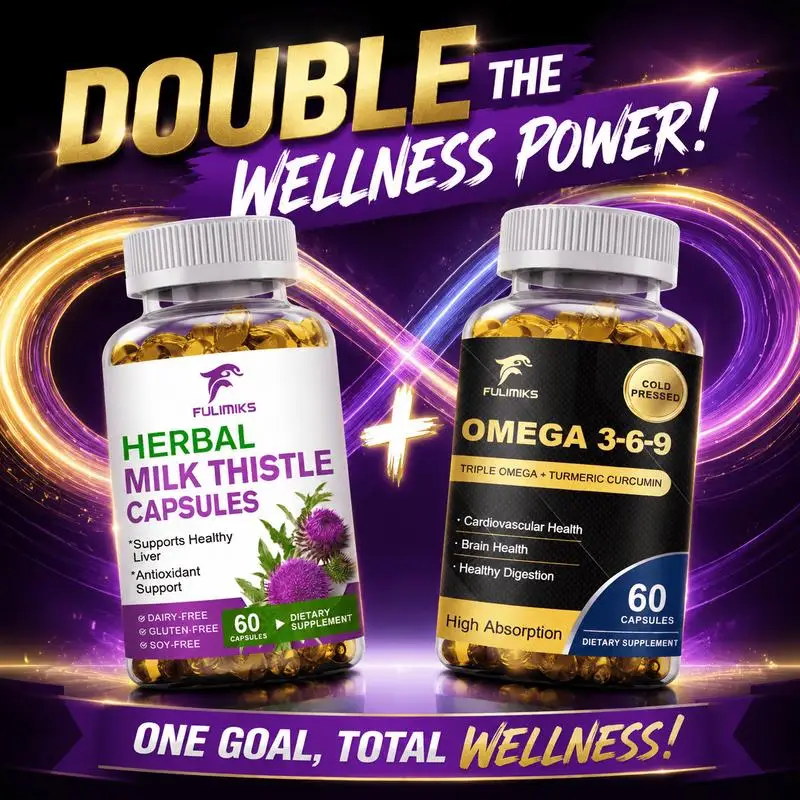 Milk Thistle & Omega 3-6-9 1+1 Bundle Supplement Capsules, with Dandelion Root, Fish Oil, Sunflower Seed Oil, Flaxseed Oil, Supports Liver, Heart & Brain Health, Digestive Wellness, Antioxidant Nutrition, Daily Wellness Care, Packaging May Vary