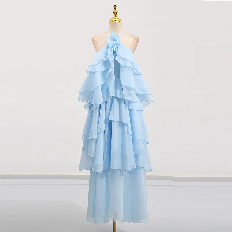 2025 verão novo vestido feminino moda pendurado pescoço sem mangas design multi camada plissado borda cinta vestido longo