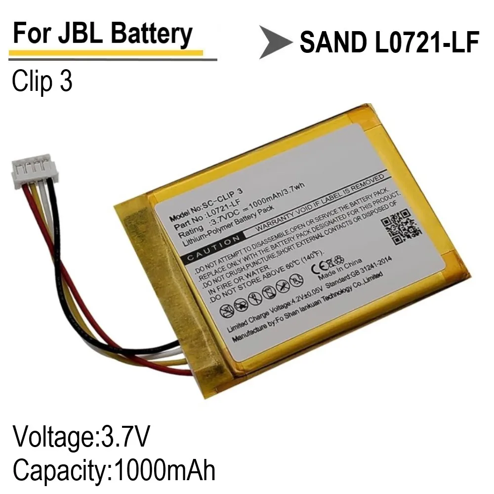 

100% New 3.7V 1000mAh Replacement Battery for JBL Clip 3 Clip 3AN Clip 3SAND L0721-LF