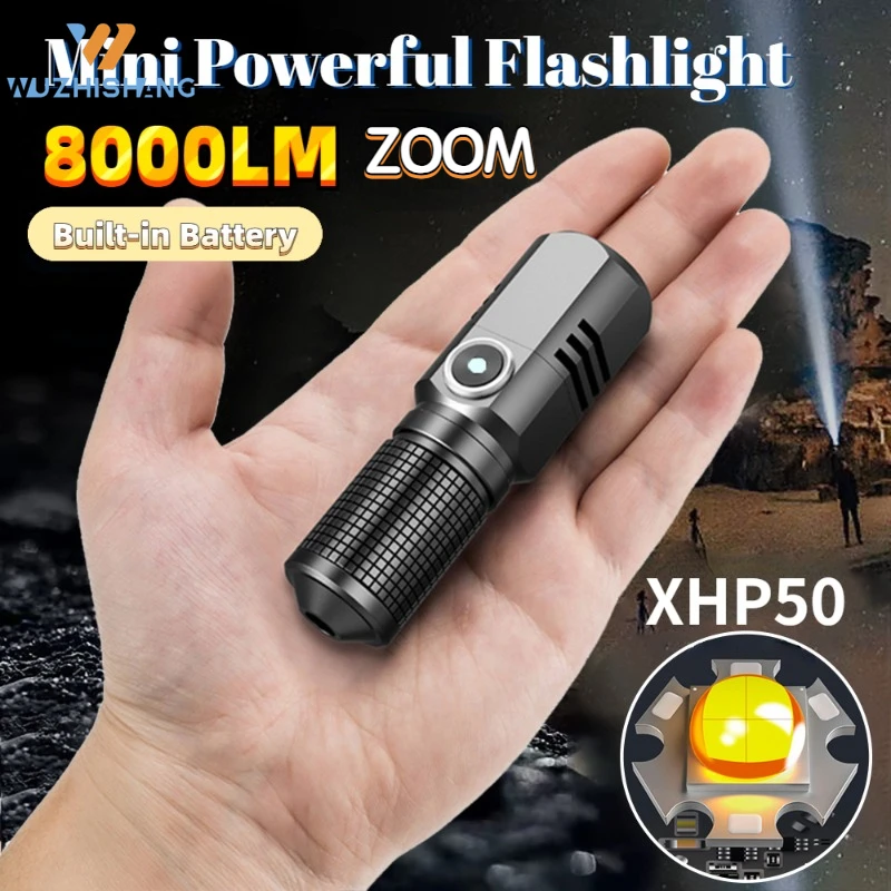 

Mini Powerful Led Flashlight Built in Battery 3 Modes Type-c Rechargeable Telescopic Zoom Torch for Home Outdoor Camping Fishing