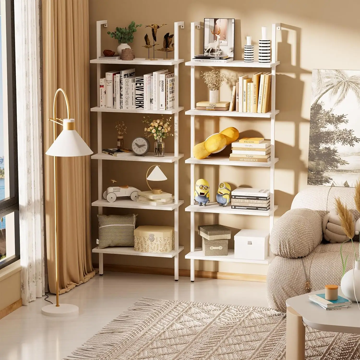 

Ladder Shelf 2 PCS White Bookshelf 5-Tier Wooden Open Shelf Wall-Mounted Wood Rack Industrial Modern Plant Flower Stand Utility