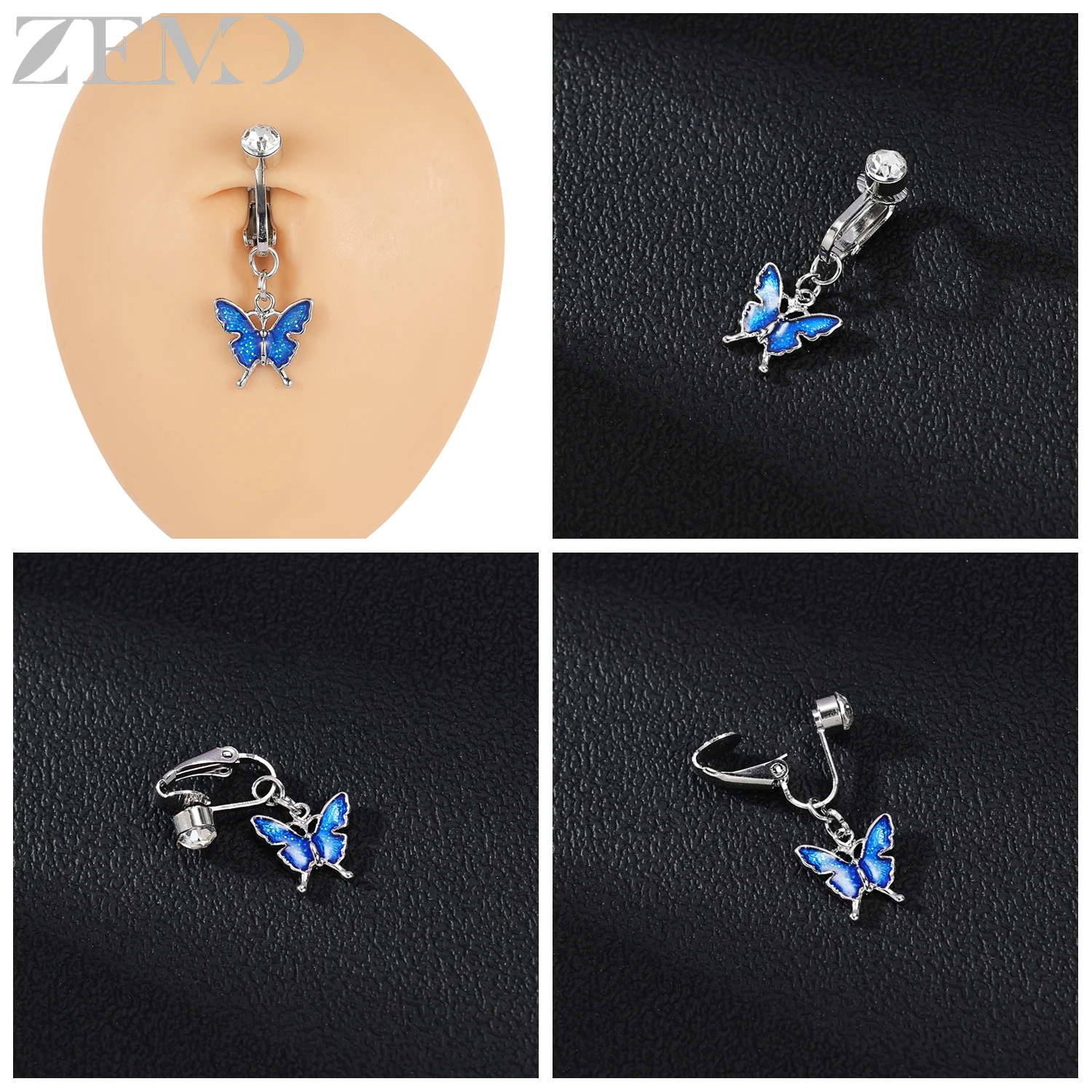 ZEMO 1 قطعة مشبك من الفولاذ المقاوم للصدأ على حلقات زر البطن النساء الفتيات تشيكوسلوفاكيا كريستال لا مثقوب السرة الدائري فراشة فو البطن الثقب