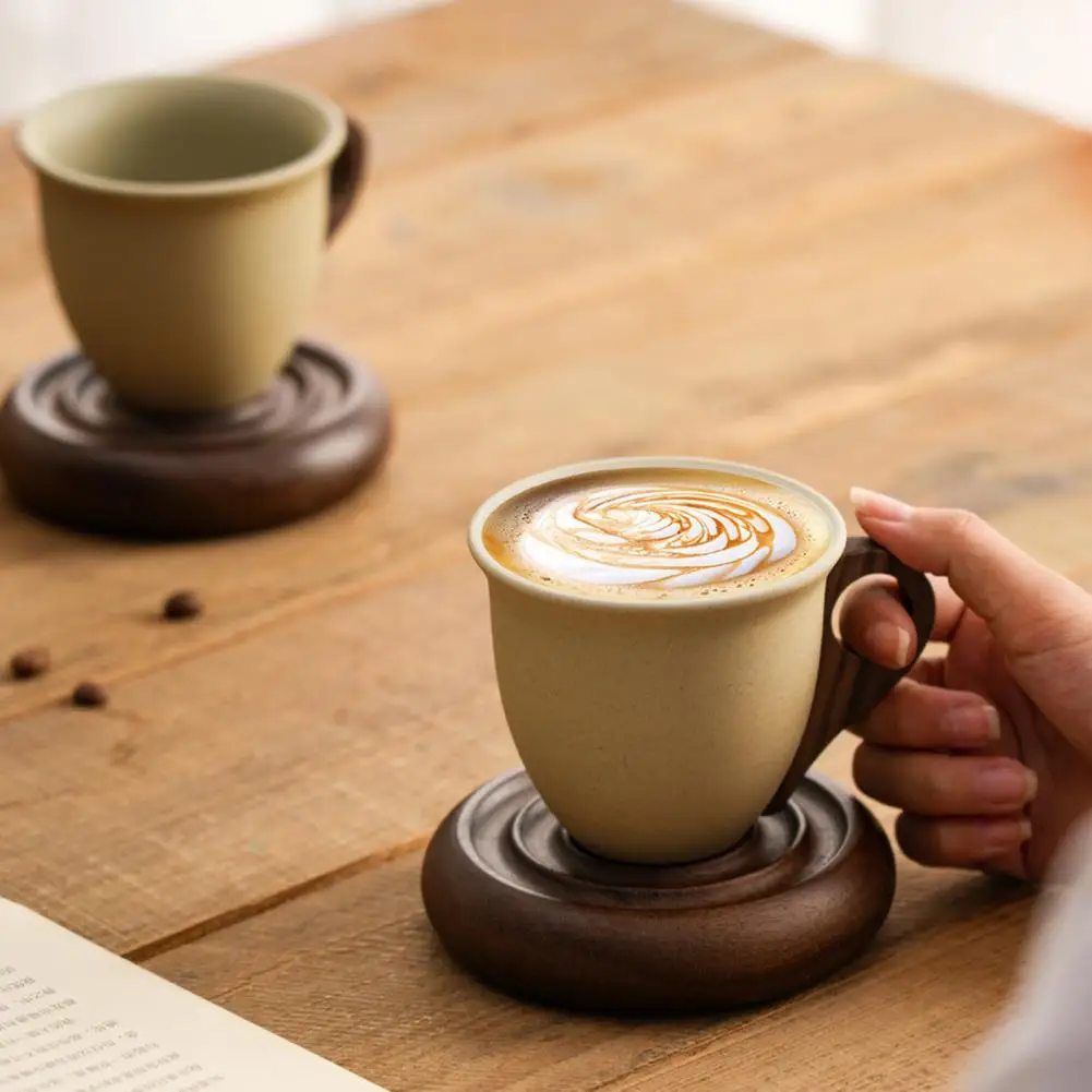 Ergonomic Coffee Cup High Temperature Fired Mug Vintage Cone-shaped Ceramic Coffee Mug with Wooden Handle Base for Home