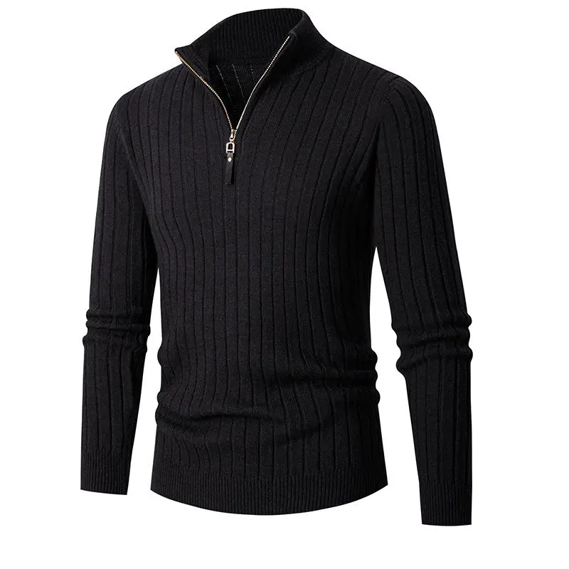 Autumn Winter New Fashion Men's Casual American Long Sleeve Striped Knitted Sweaters Half Turtleneck Zipper Undershirt  Male