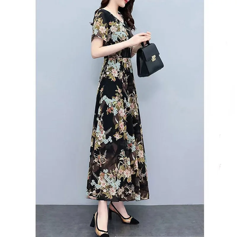 2023 New Summer Fashion Trend Commuting V-neck Exquisite Print Slim Fit Covering Belly Casual Holiday Elegant Long Dress