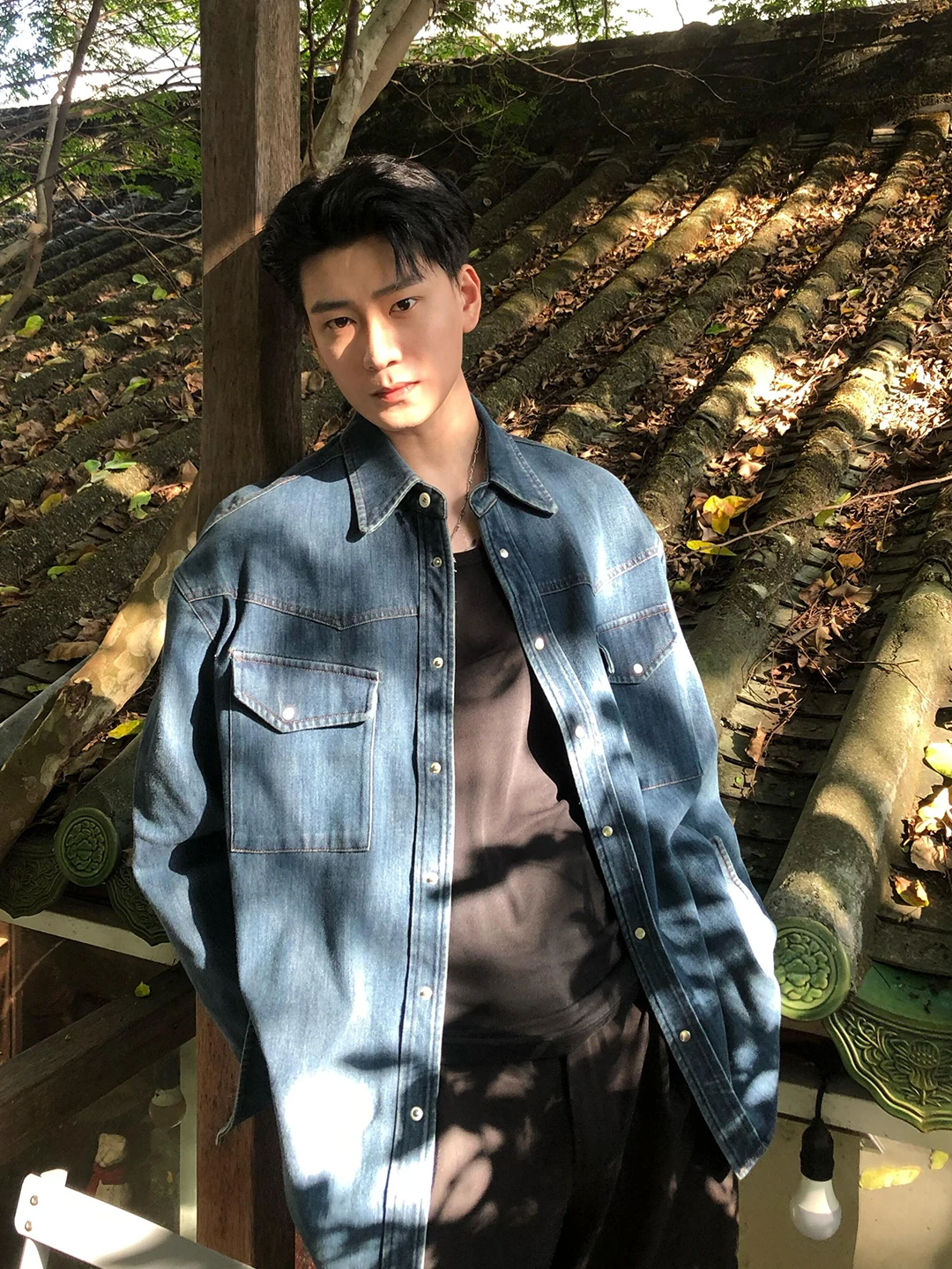 

Deep Blue Denim Shirt Men's Casual Collar Workwear Jacket Cleanfit Leisure Outerwear Autumn Seasonal Vintage Style Long Sleeve