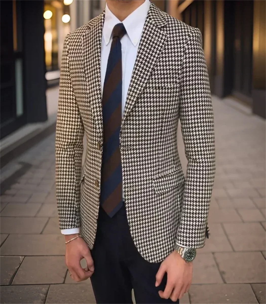 1 Piece Plaid Men Suit Jacket for Business Check Houndstooth Male Blazer Notch Lapel American Style Wedding Suit Ready to Ship