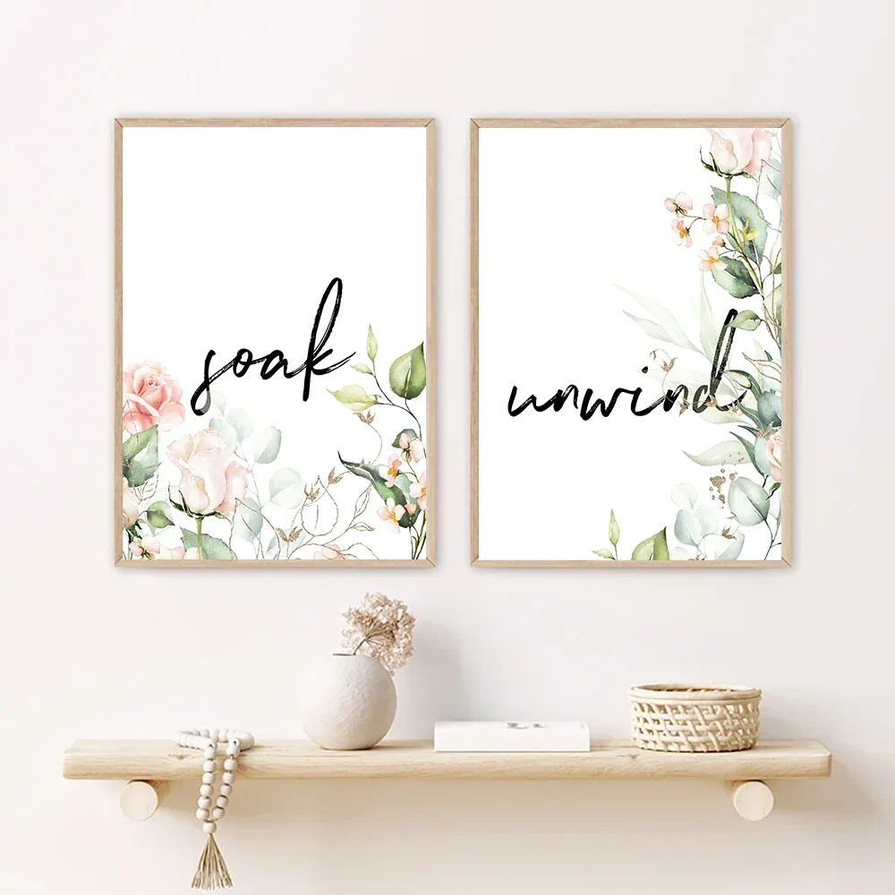 1pc frameless Canvas Painting Simple Bathroom Quote With Flower Leaf Canvas Painting Print Relax Soak Unwind Letter Poster Wall