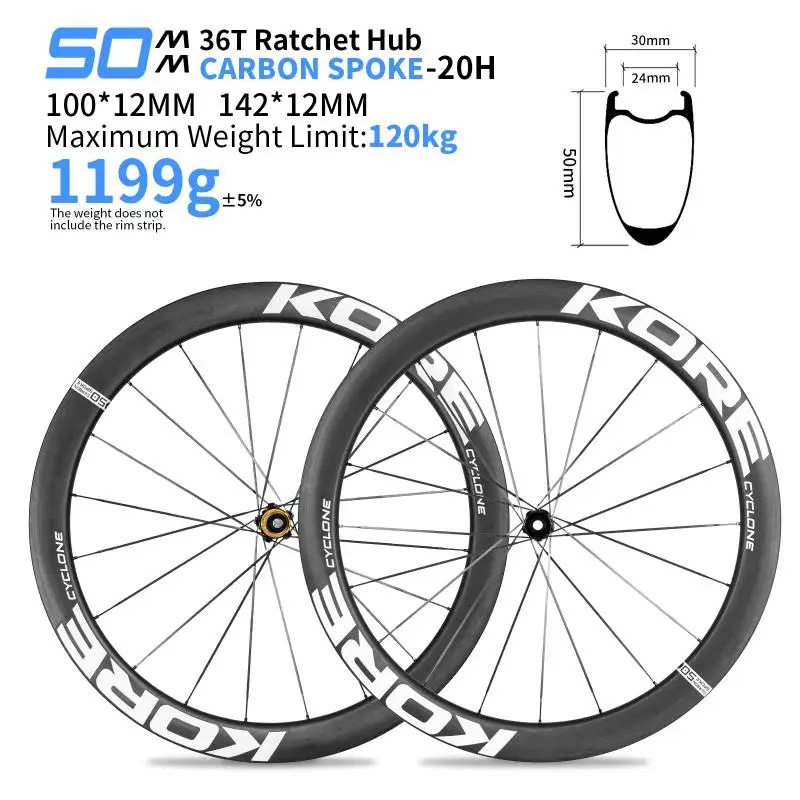 AliExpress NONE KORE CYCLONE Carbon Spoke Wheelset-50mm-T1000 Carbon Rims 36T/60T Ratchet Hub XDR/HG 700C Design for Ultra-Light Road Racing