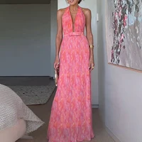 Vestido de noche Sexy de corte bajo con cuello en V y lazo, vestido largo plisado con estampado de moda para mujer, vestido de fiesta elegante sin mangas y espalda descubierta