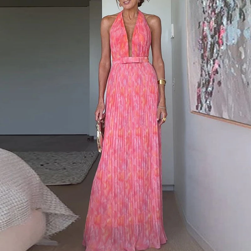 Sexy Low-cut V-neck Tie-up Evening Dress Women Fashion Pattern Print Pleated Long Dress Elegant Sleeveless Backless Party Dress