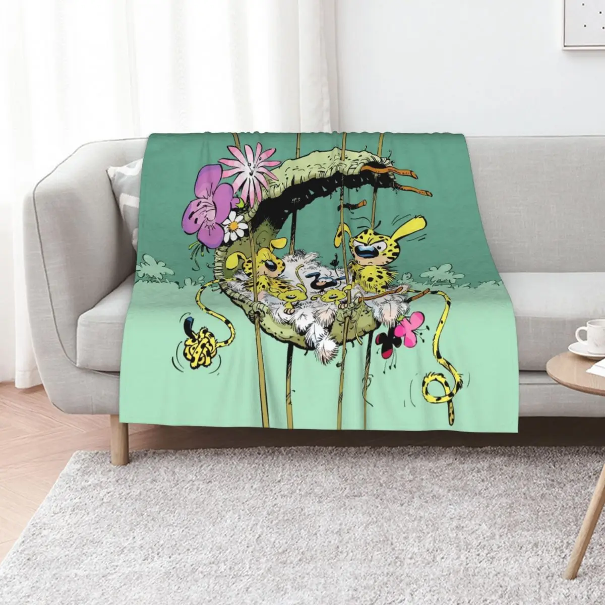 Marsupilami with family in nest / Green design Throw Blanket Summer Cool Breathable Blanket for Sleeping