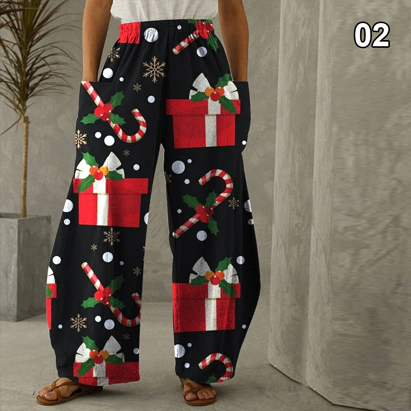 Unisex Christmas Digital Printing Loose Pants Fashion Casual Big Pockets Wide Leg Pants Creative Trend Cartoon Lantern Pants