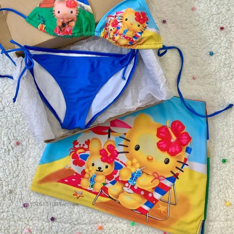 Sanrio Hawaiian czarna skórka Hello Kitty 3 szt. Zestaw bikini Y2k strój kąpielowy dla kobiet kreskówka stroje kąpielowe na plażę