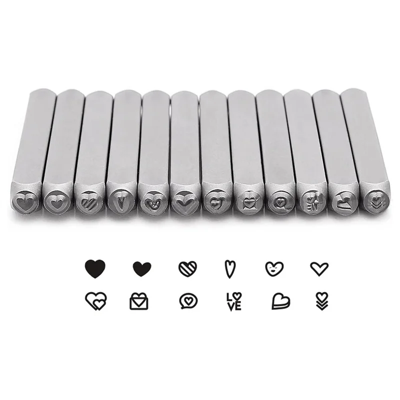 12 Piece Heart-Shaped (Love) Metal Stamp Set, 3mm (1/8 Inch) Metal Punch Stamp Kit for Metal Punching