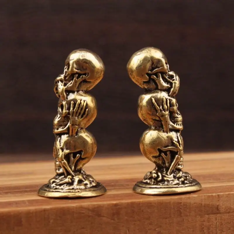 1PC Vintage Punk Brass Three-Tier Skull Head Desktop Ornament Miniature Decorative Figure