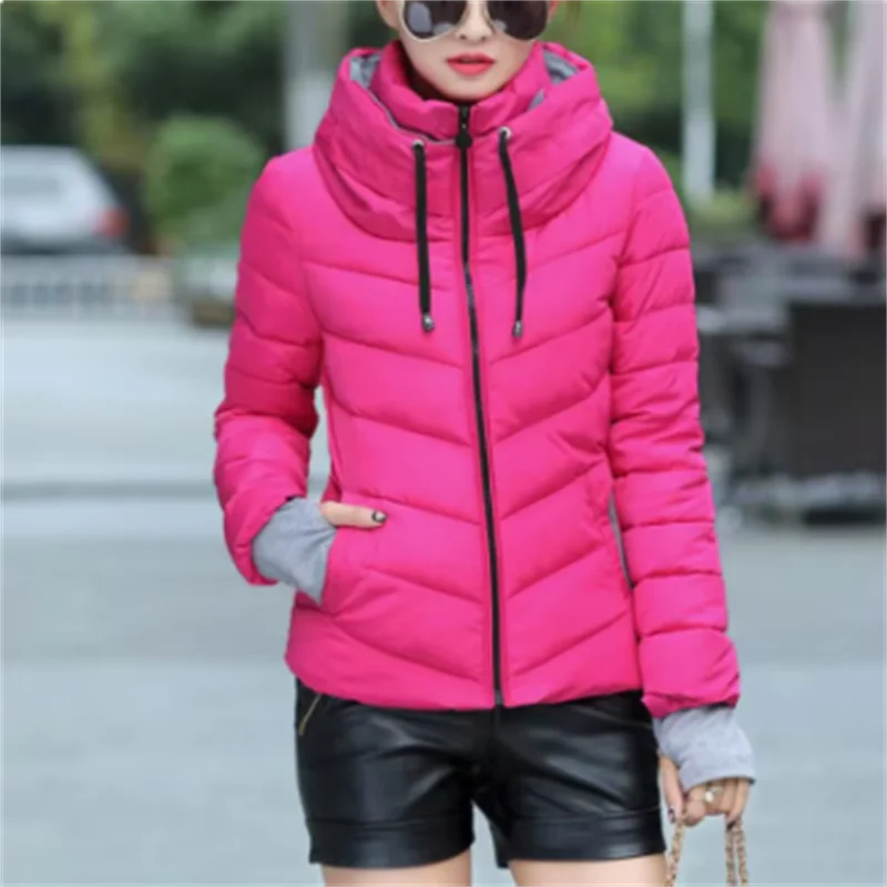 New Women\'s Cotton Coat Short Outwear Standing Collar Zipper Jacket Drawstring Slim Multicolor Winter Small Tops Warm Handguard