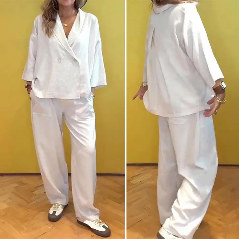Setelan baju kantor wanita, setelan baju kantor wanita modis, mantel kancing dua baris, celana lebar, pakaian kasual harian berpergian