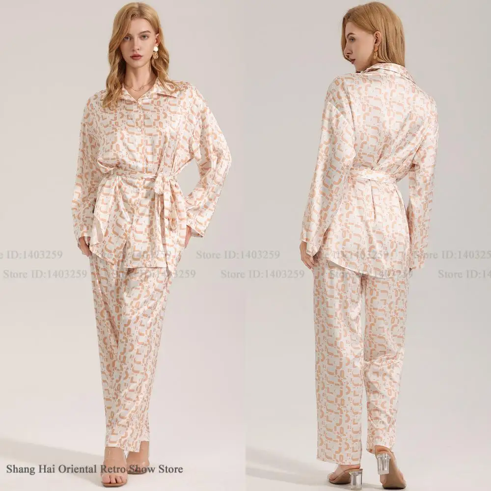 

New Spring Autumn Women 2PCS Pajamas Set Sleepwear Print Flower Long Sleeve Trouser Suits Pijamas Loose Ice Silk Homewear Pyjama