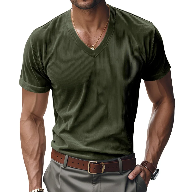 

American Retro Corduroy V Neck Shirt Men Amis Khaki Short Sleeve Top Comfortable Loose Casual Shirts Streetwear Daily Male Shirt