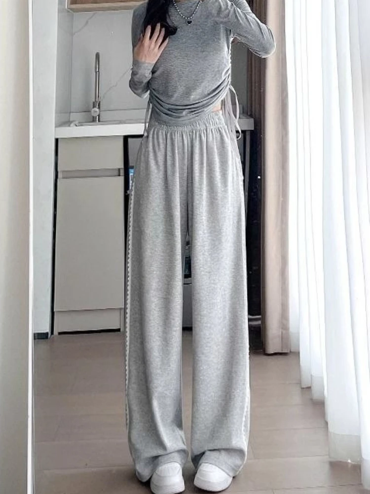 Gray Lace Wide Leg Sweatpants Women Casual Straight Lounge Pants American Style Sporty Trousers 2026 Spring Summer