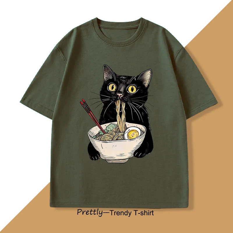 Noodle Cat T Shirt Ramen Cat T-Shirt Foodie Lover Graphic T Shirts Retro Printing Men Women Tshirt Cotton T-Shirts Loose Clothes