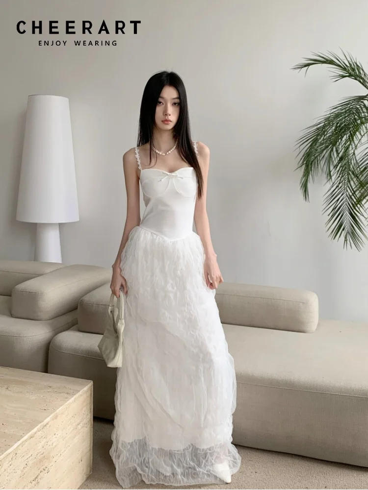 

CHEERART White Mesh Long Slip Dress Women Elegant Party Prom Tunics Tulle Summer Maxi Dress 2024 Luxury Celebrity