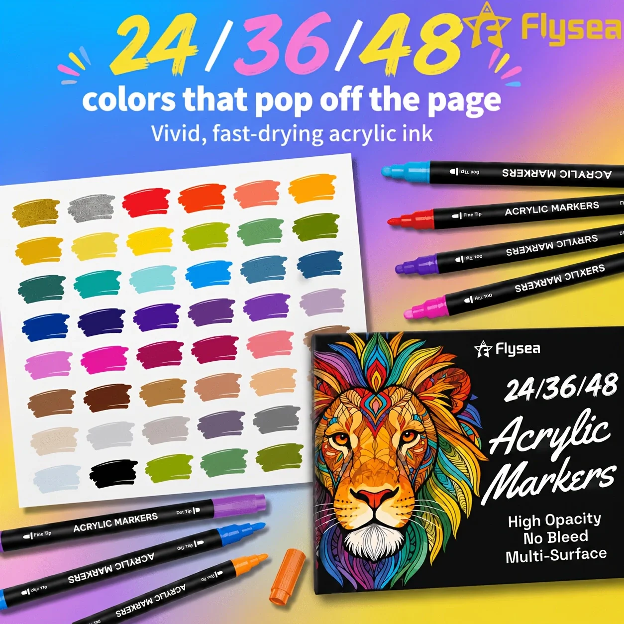 Flysea High-Opacity Water-Based Dual-Tip Acrylic Paint Markers, 1mm Fine Tip & 0.5mm Dot Tip, Fast-Drying No-Bleed 24/36/48 Colors Paint Pen Set for DIY Art & Crafts