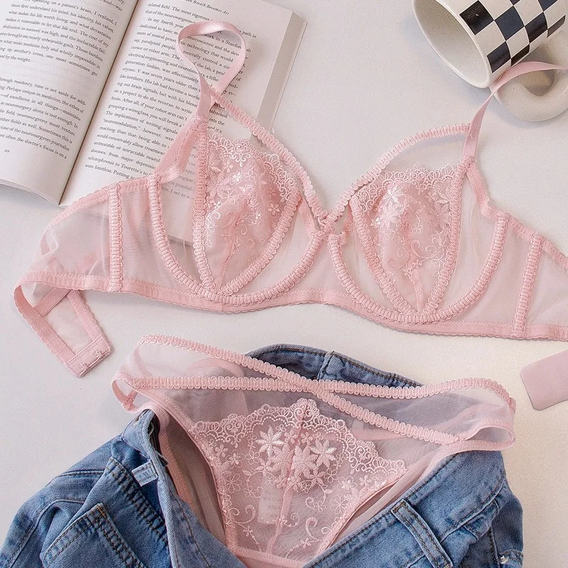 Women's ultra-thin lace underwear bra set steel ring up support transparent large size lingerie panty push up bras