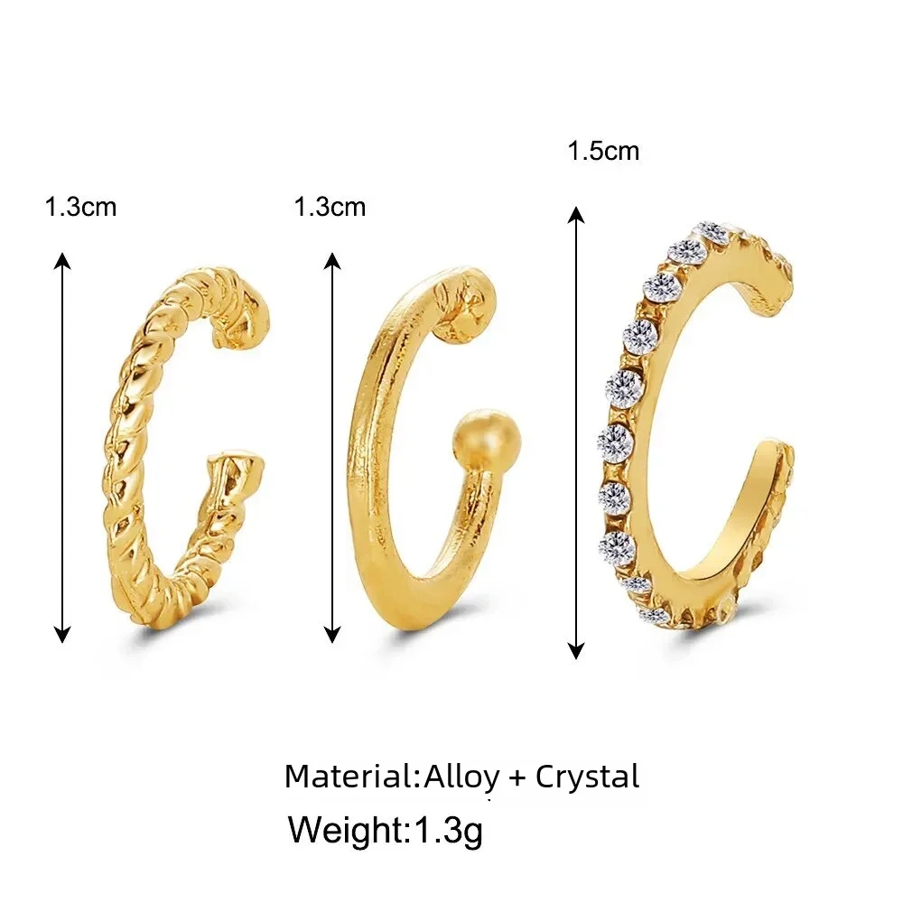 3PCS Vintage Simple Metal Crystal Ear Cuff for Women Teens Gold Color Non Piercing Fake Cartilage Clip Earrings Set Jewelry Gift image 6