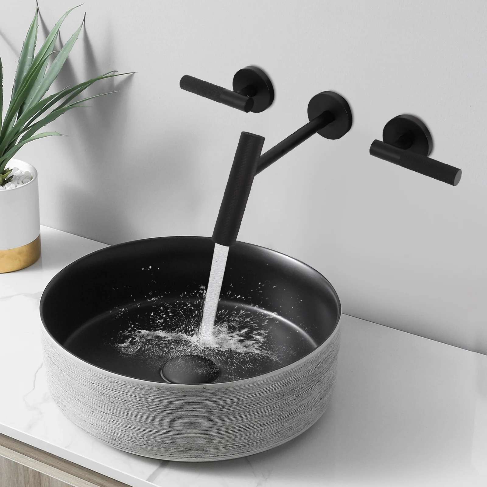 Wall Mount Bathroom Faucet Black 3-Hole Wall Faucet with Seal O-Rings Bathroom Faucet with 2 Handles for Homes/Bathrooms/Hotels/Schools/Dormitories/Apartments/Laundry Rooms/Bathhouses