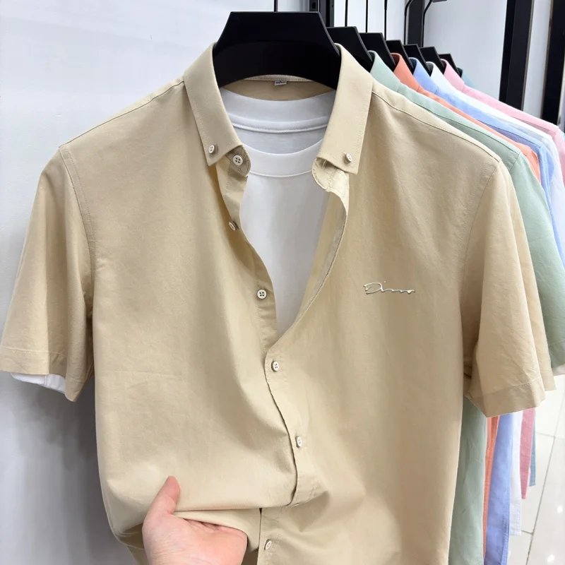 High quality 100% cotton short sleeve shirt fashion brand simple letter embossed men's summer best-selling business casual top