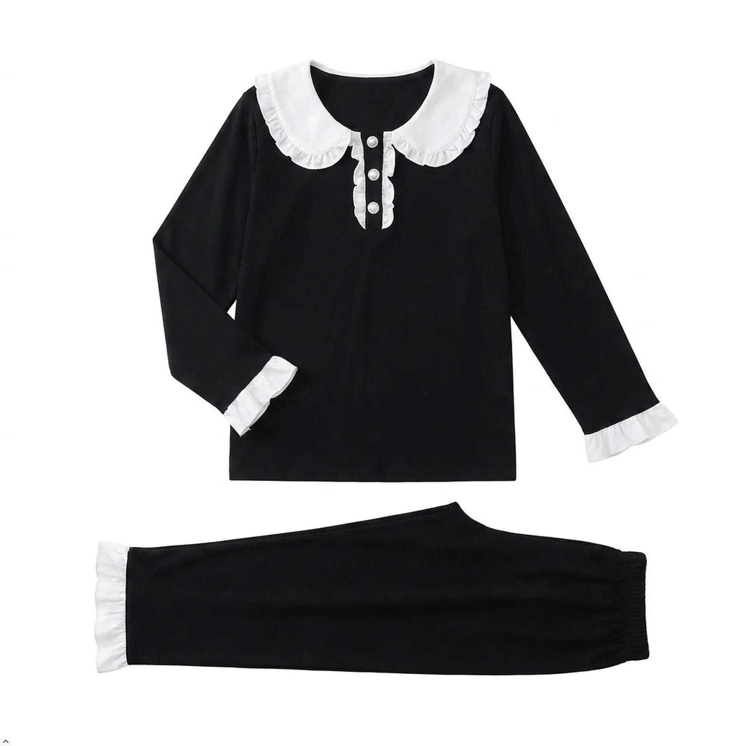 

Pajamas for Women Set Lounge Pearl Button Princess Neck Black Color Spring Cute Pj Sets for Woman