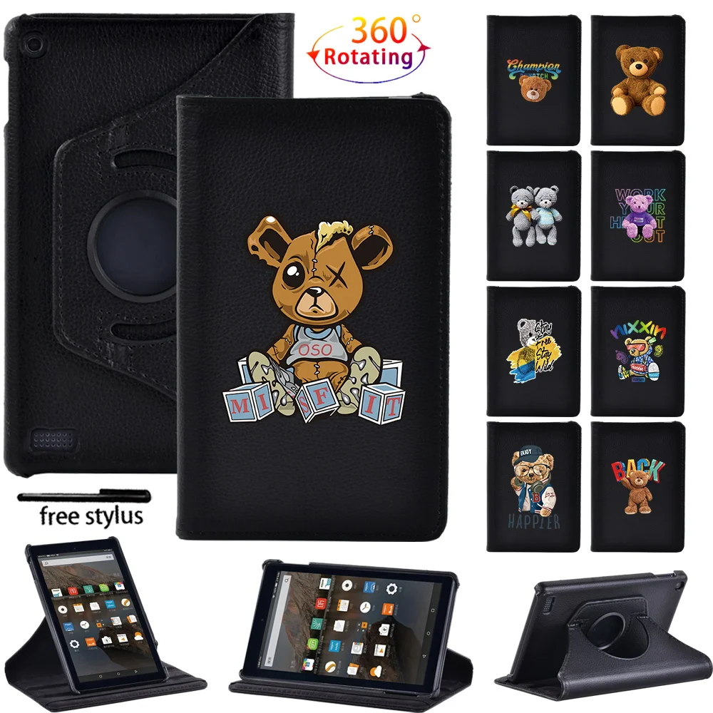 

360 Degree Smart Rotating Tablet Case for Fire 7 5th 7th 9th Gen 2015 2017 2019 Bear Print PU Leather Stand Protective Cover