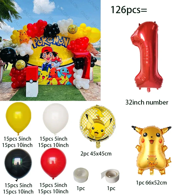 126pcs Cartoon Pikachu Theme Balloons Arch Garland Set Red Black Yellow Latex Balloons Kids Birthday Baby Shower Party Decors