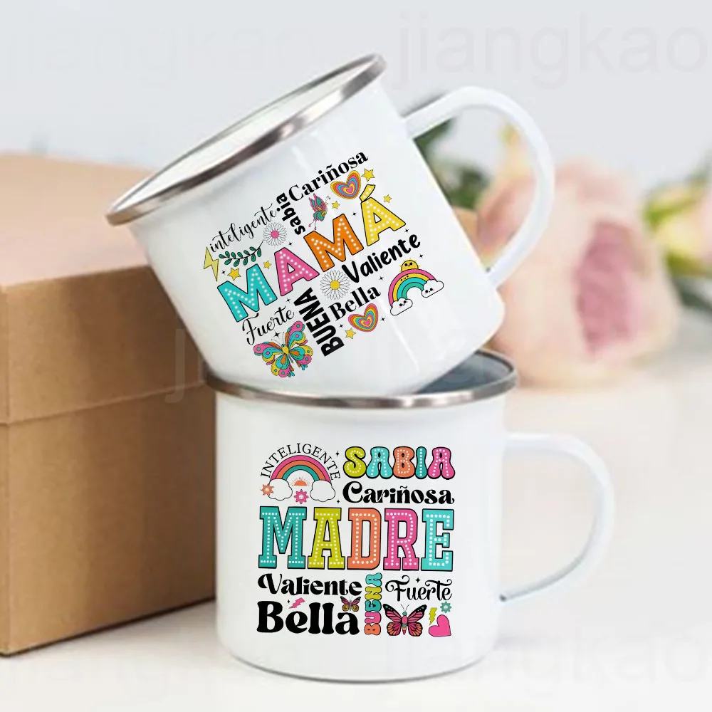 Taza de café esmaltada con estampado español para madre valiente, bebidas, taza de leche, tazas para acampar, regalo de cumpleaños para el día de la madre para mamá