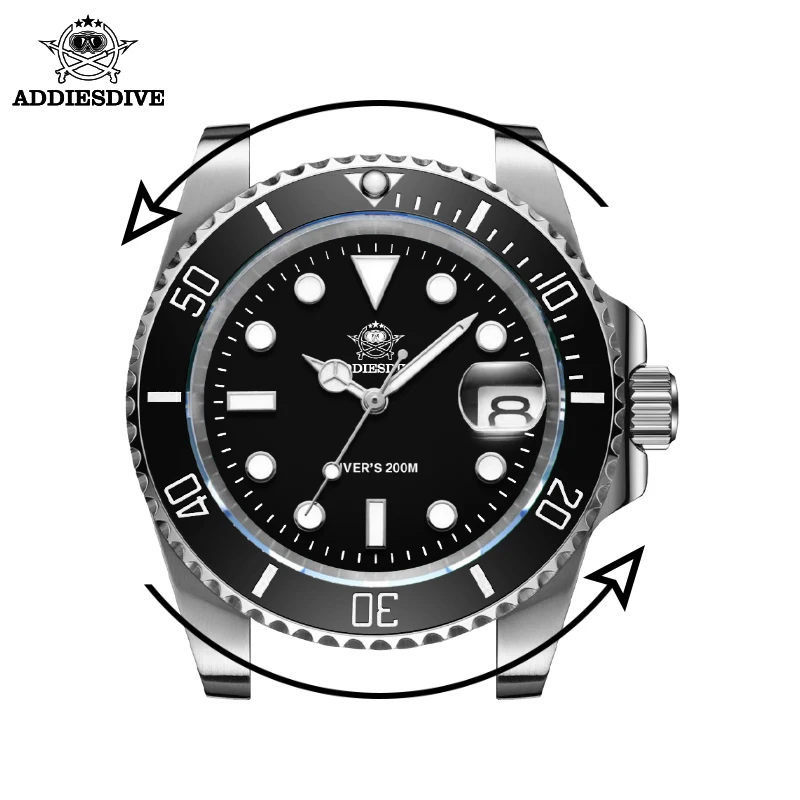 ADDIESDIVE Luminous Mens Quartz Watch Stainless Steel Ceramic Bezel Analog Watches 200m Waterproof Calendar Diving Wristwatches