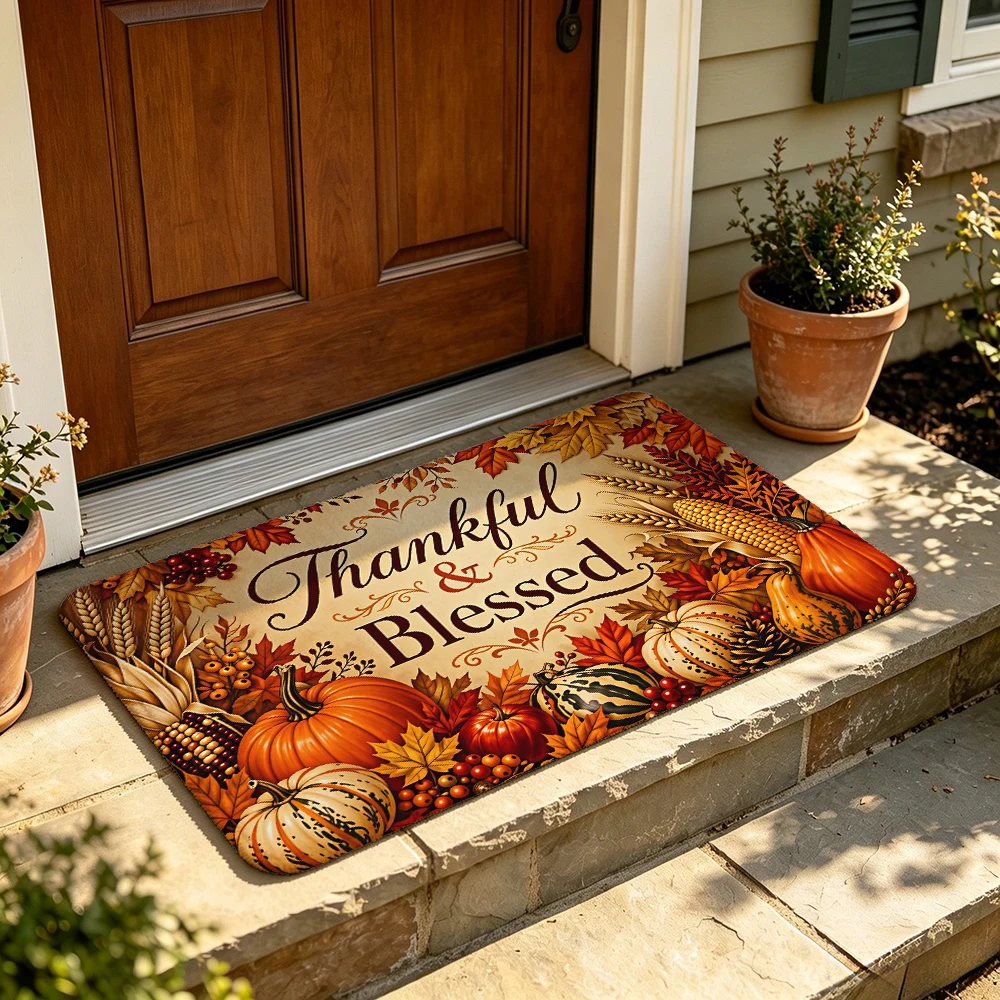 Home entrance water-absorbing floor mat Thankful Blessed Pumpkin wheat sheafautumn leaves decorations home decoration