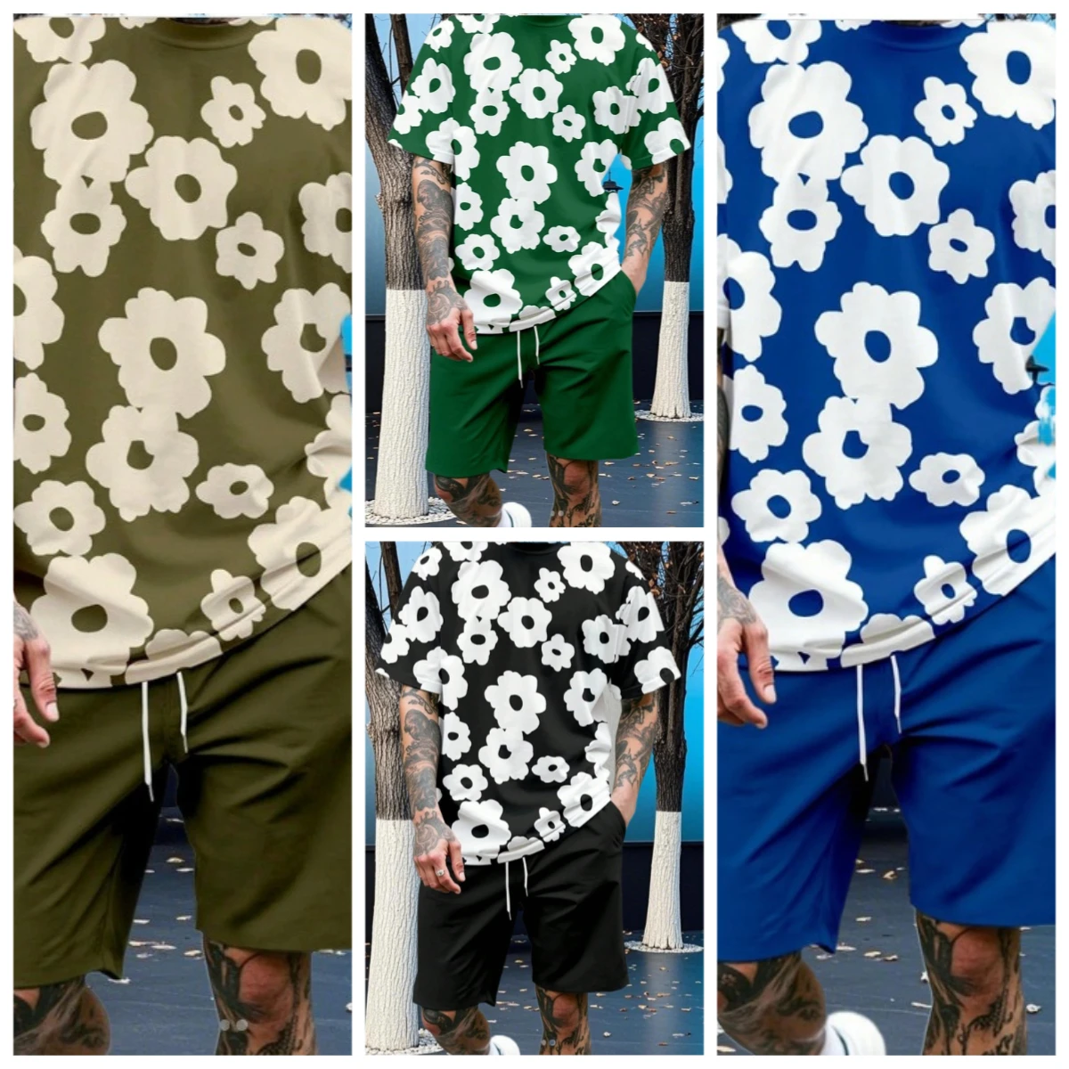 

25/26 NEW Summer Men's Breathable and Comfortable Round Neck T-shirt Shorts with Printed Pattern Outdoor Casual Two-piece Set