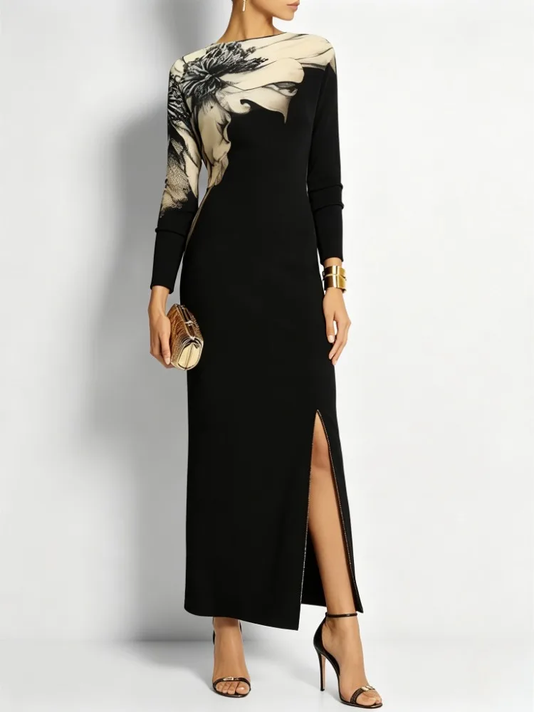 

Women's Long Sleeve Floral Printed Maxi Dress Round Neck Bodycon Party Dress 2026 Stylish Vacation Outfits Daily Wear Dresses