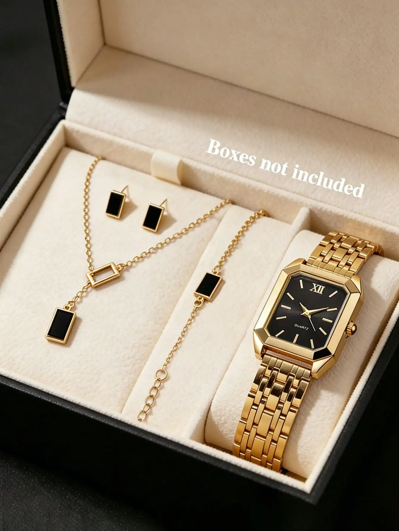 5PCS Gold Stainless Steel Quartz Watch And Square Necklace, Bracelet, Earrings Jewelry Set, Holiday Gift, Daily Versatile